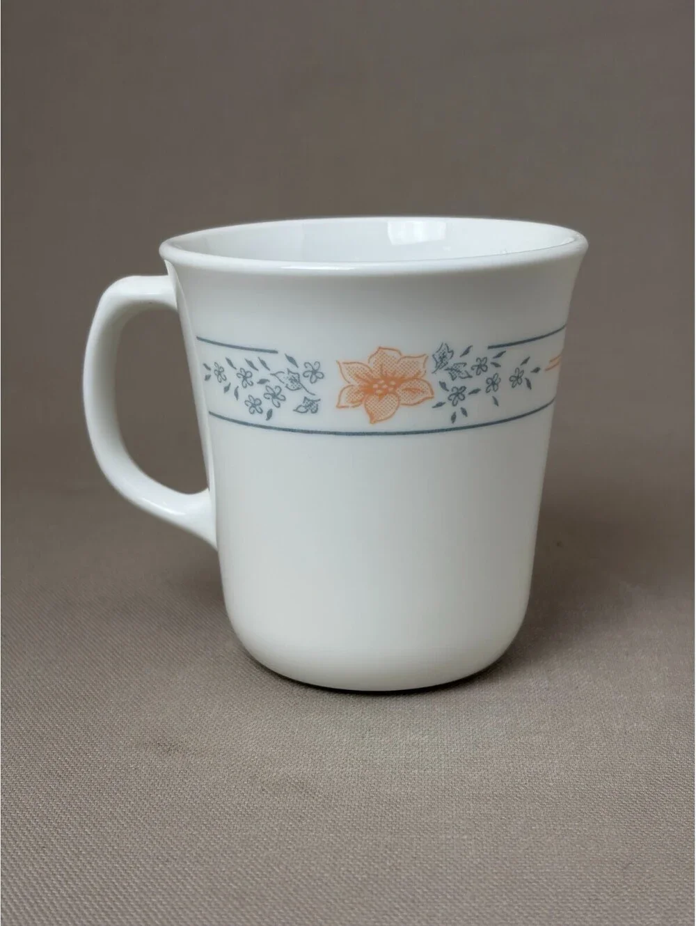 Vintage Corning Ware Corelle Peach Floral Mug Blue Band Milk Glass USA 8oz